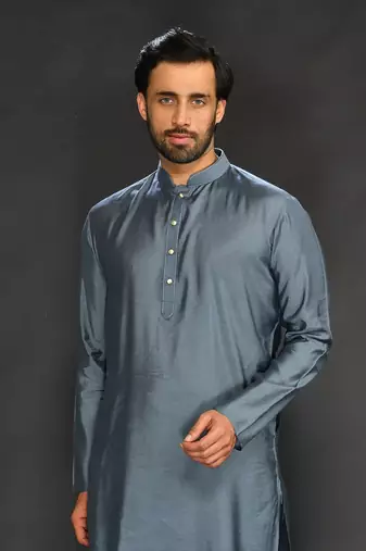 Silk Cotton Kurta With Slim Pant. Embroidery On Collar & Placket