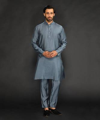 Silk Cotton Kurta With Slim Pant. Embroidery On Collar & Placket 1