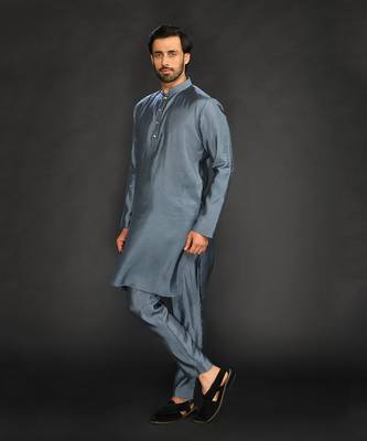 Silk Cotton Kurta With Slim Pant. Embroidery On Collar & Placket 3