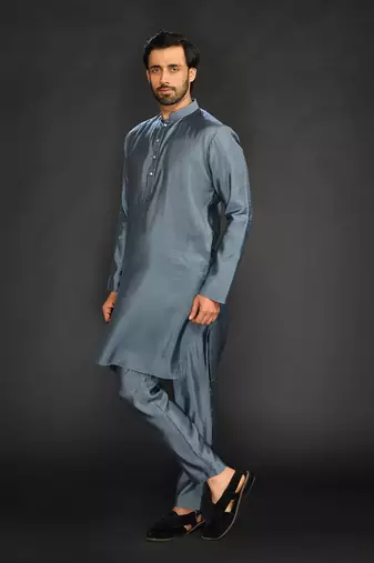 Silk Cotton Kurta With Slim Pant. Embroidery On Collar & Placket
