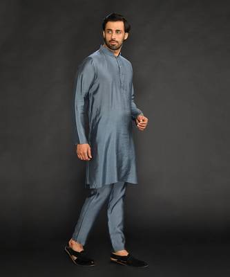 Silk Cotton Kurta With Slim Pant. Embroidery On Collar & Placket 4
