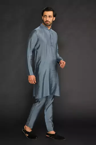 Silk Cotton Kurta With Slim Pant. Embroidery On Collar & Placket