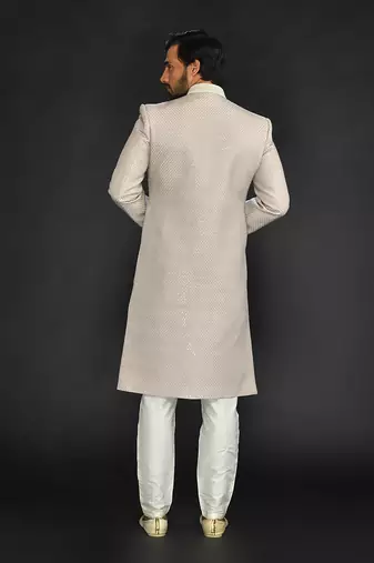 Beige Mirror Textured Sherwani With Churidar