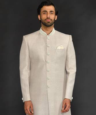 Beige Mirror Textured Sherwani With Churidar 3