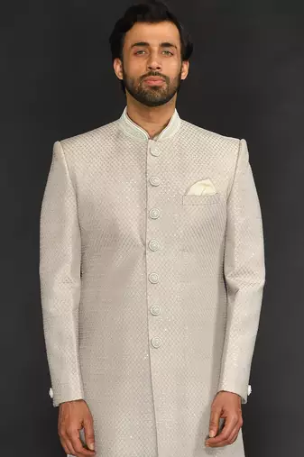 Beige Mirror Textured Sherwani With Churidar