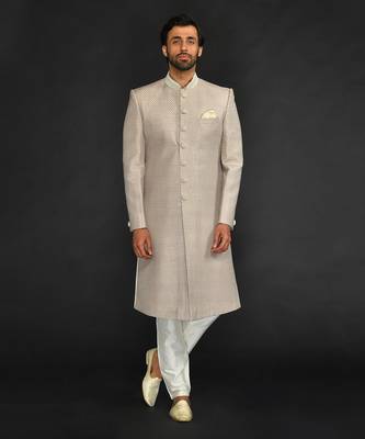 Beige Mirror Textured Sherwani With Churidar 1