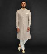 Beige Mirror Textured Sherwani With Churidar