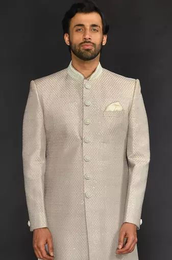 Beige Mirror Textured Sherwani With Churidar
