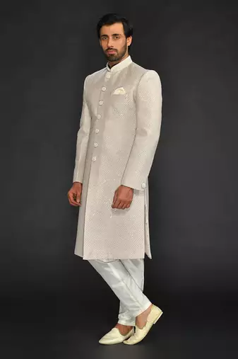 Beige Mirror Textured Sherwani With Churidar