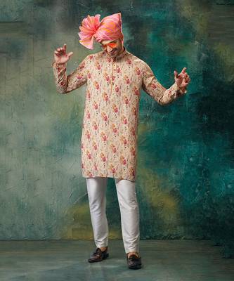 Katha Work Printed Linen Kurta With Churidar 1