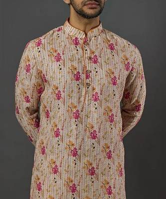 Katha Work Printed Linen Kurta With Churidar 2