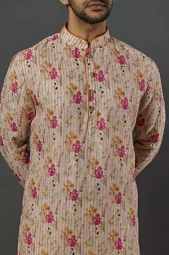 Katha Work Printed Linen Kurta With Churidar