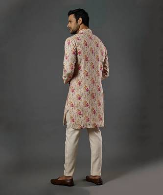 Katha Work Printed Linen Kurta With Churidar 3