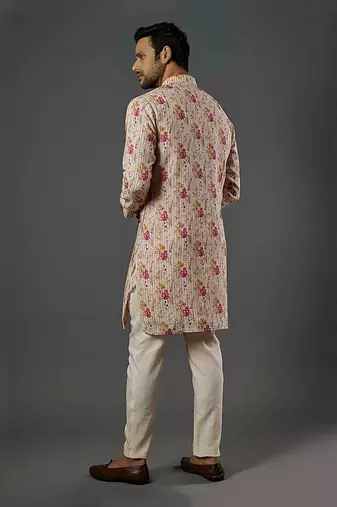 Katha Work Printed Linen Kurta With Churidar