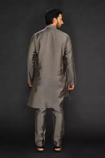 Silk Cotton Kurta With Slim Pant. Embroidery On Collar & Placket