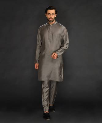 Silk Cotton Kurta With Slim Pant. Embroidery On Collar & Placket 1