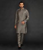 Silk Cotton Kurta With Slim Pant. Embroidery On Collar & Placket