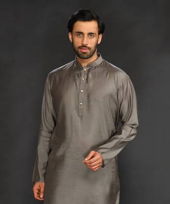 Silk Cotton Kurta With Slim Pant. Embroidery On Collar & Placket 3