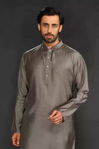 Silk Cotton Kurta With Slim Pant. Embroidery On Collar & Placket