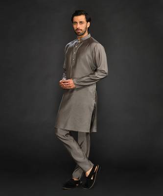 Silk Cotton Kurta With Slim Pant. Embroidery On Collar & Placket 4