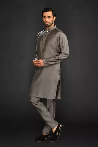 Silk Cotton Kurta With Slim Pant. Embroidery On Collar & Placket