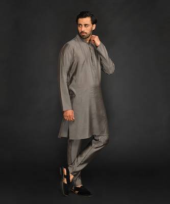 Silk Cotton Kurta With Slim Pant. Embroidery On Collar & Placket 5