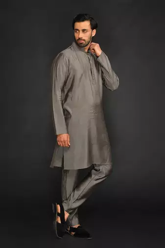 Silk Cotton Kurta With Slim Pant. Embroidery On Collar & Placket