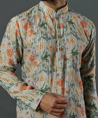 Katha Work Printed Linen Kurta With Churidar 2