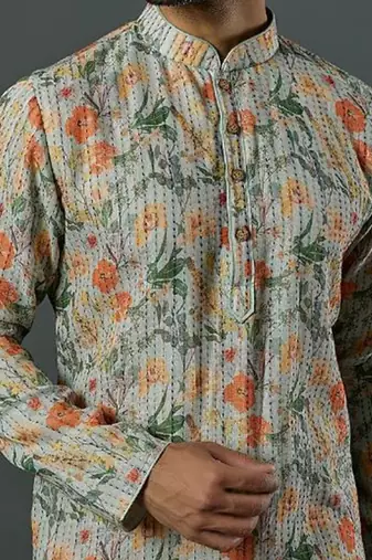 Katha Work Printed Linen Kurta With Churidar