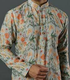 Katha Work Printed Linen Kurta With Churidar