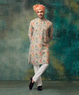 Katha Work Printed Linen Kurta With Churidar 1