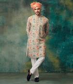 Katha Work Printed Linen Kurta With Churidar