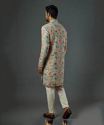 Katha Work Printed Linen Kurta With Churidar 3