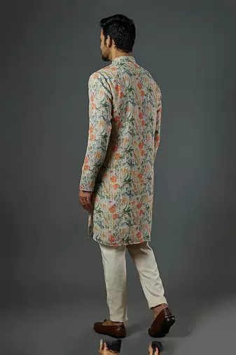 Katha Work Printed Linen Kurta With Churidar