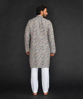 Katha Work Printed Linen Kurta With Churidar 2