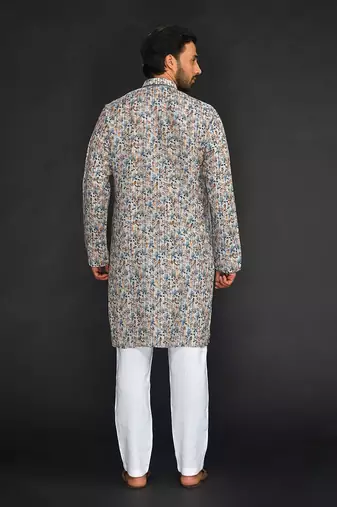 Katha Work Printed Linen Kurta With Churidar