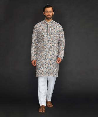 Katha Work Printed Linen Kurta With Churidar 1