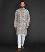 Katha Work Printed Linen Kurta With Churidar