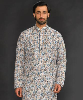Katha Work Printed Linen Kurta With Churidar 3
