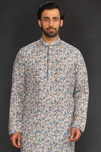 Katha Work Printed Linen Kurta With Churidar