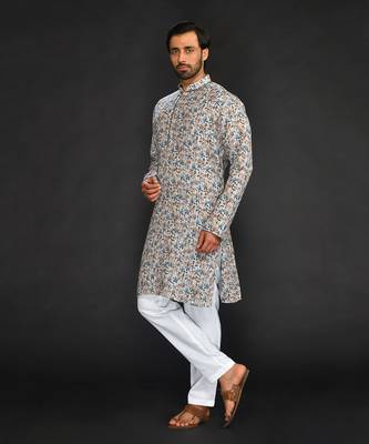 Katha Work Printed Linen Kurta With Churidar 4