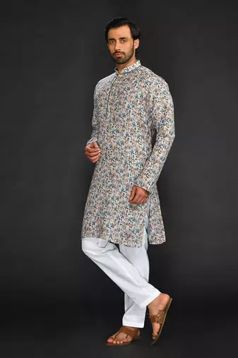 Katha Work Printed Linen Kurta With Churidar