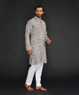 Katha Work Printed Linen Kurta With Churidar 5