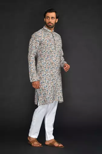 Katha Work Printed Linen Kurta With Churidar