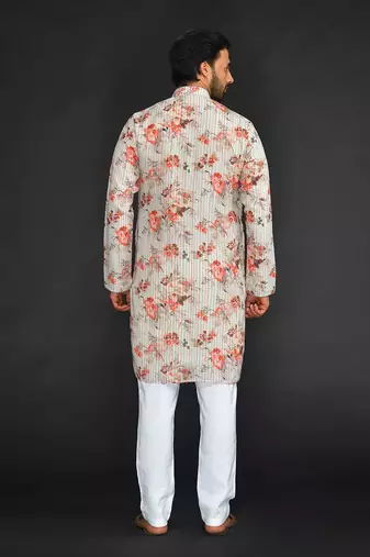 Katha Work Printed Linen Kurta With Churidar