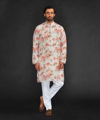 Katha Work Printed Linen Kurta With Churidar 1
