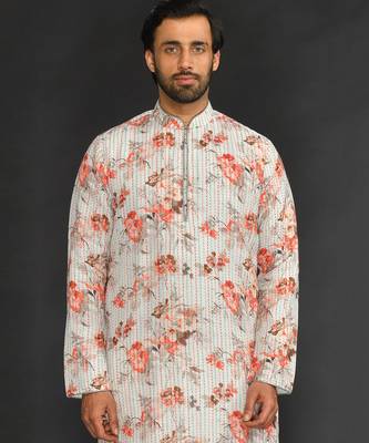 Katha Work Printed Linen Kurta With Churidar 3