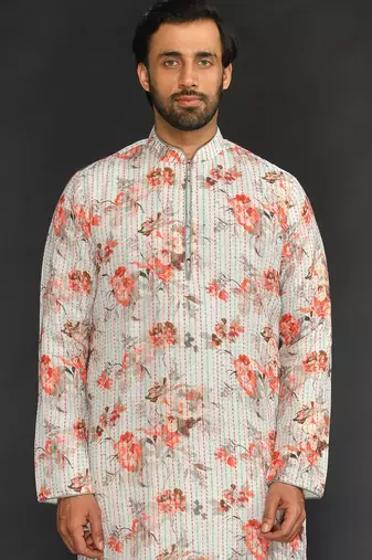 Katha Work Printed Linen Kurta With Churidar
