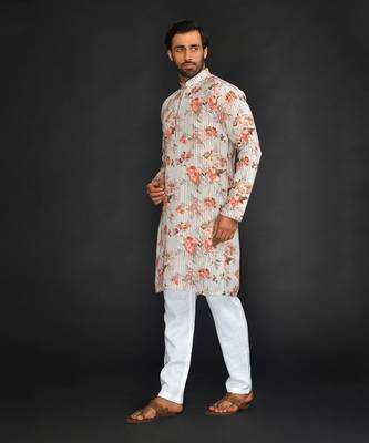 Katha Work Printed Linen Kurta With Churidar 4