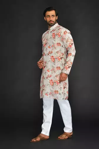 Katha Work Printed Linen Kurta With Churidar